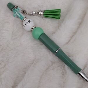 Green Beaded Pen with Christian Theme & Tassel